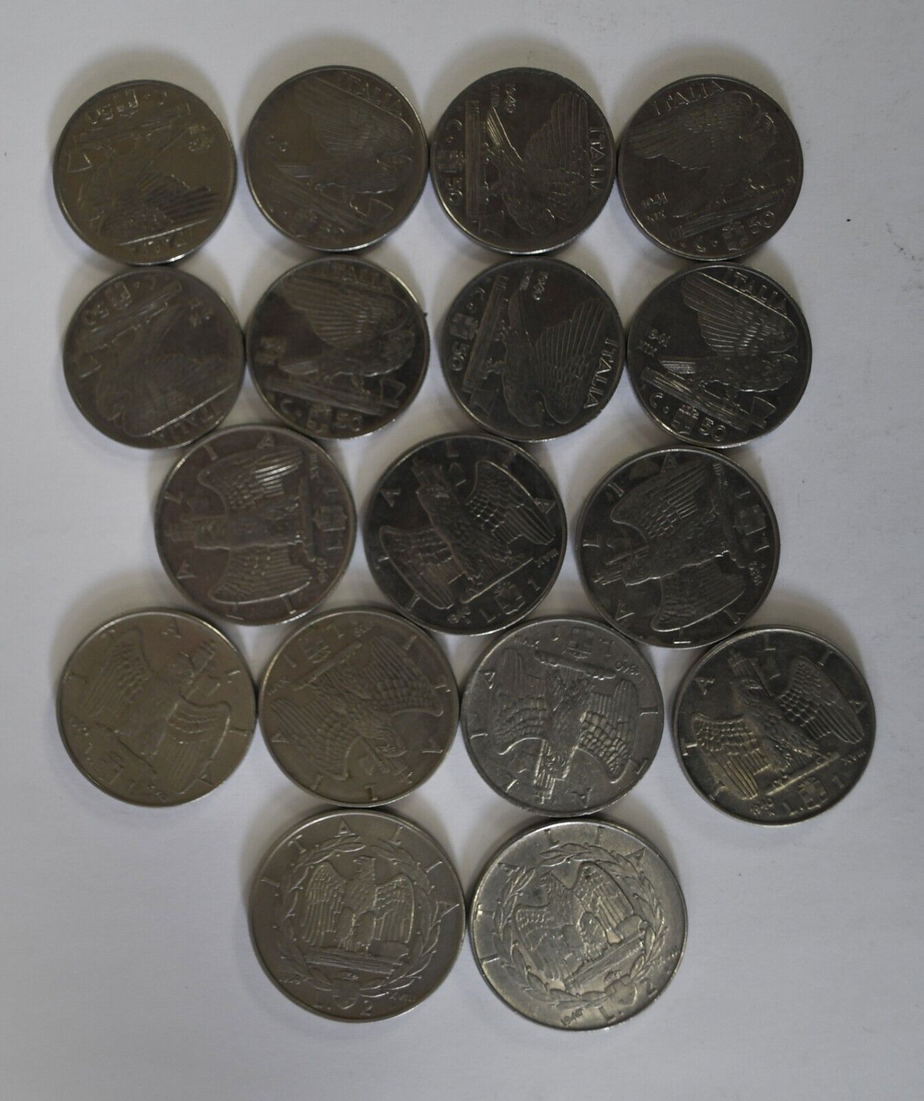 17pc Italy 50 Centesimi One & Two Lire Coins Lot 1939-1941