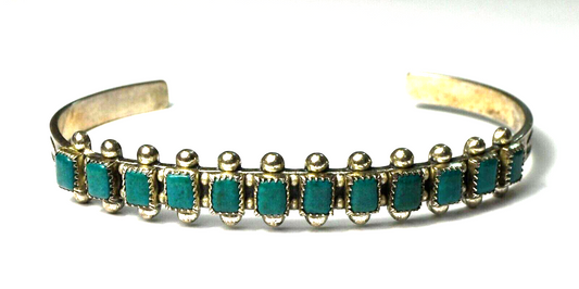 Sterling Antique 12 Green Turquoise Square Row Cuff 9mm Bracelet 7" Wrist