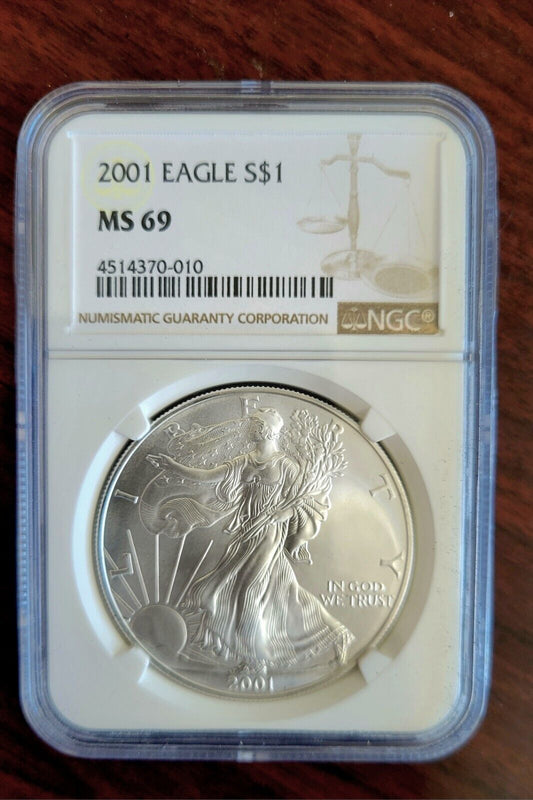 2001 $1 Silver Eagle NGC MS69 Dollar Brown Label Holder .999 Fine Silver 1oz.