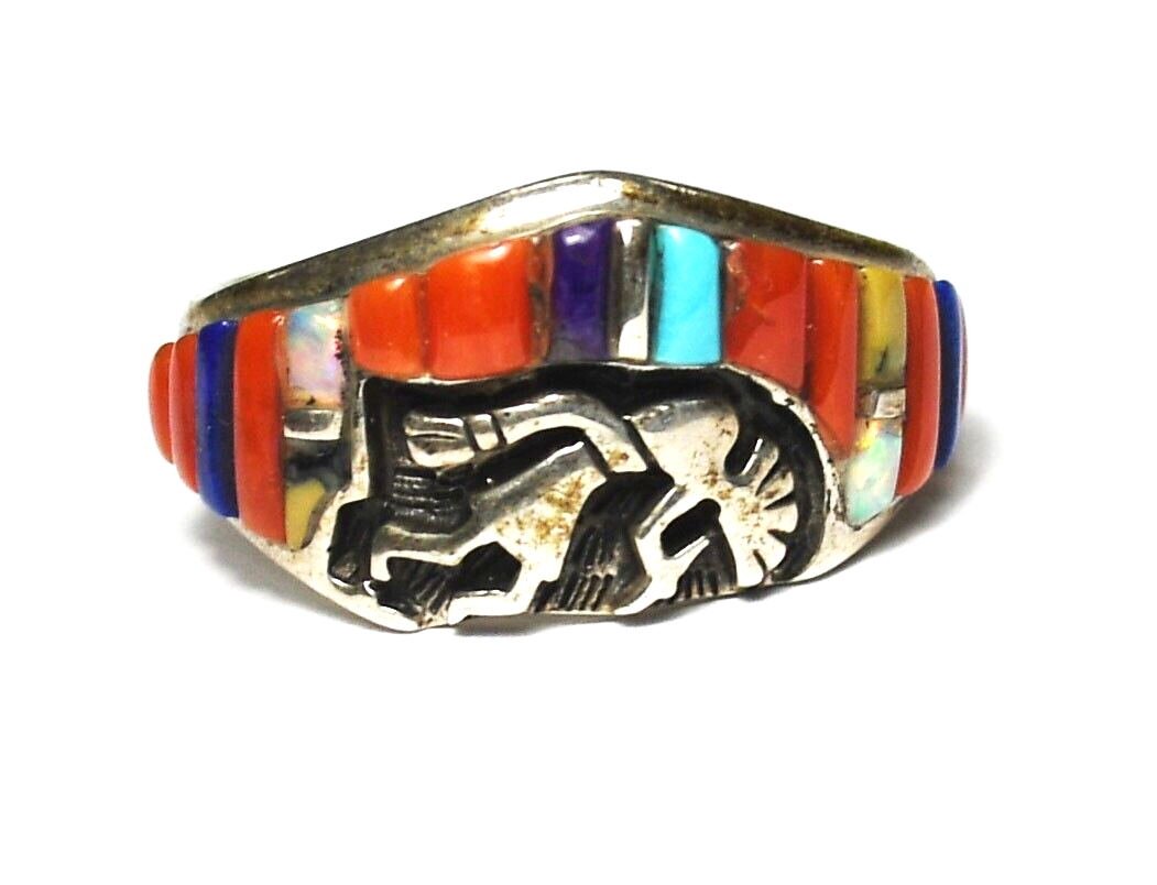 Sterling Steve Francisco Raised Inlay Cobblestone Kokopelli Ring 12mm Size 8-1/2