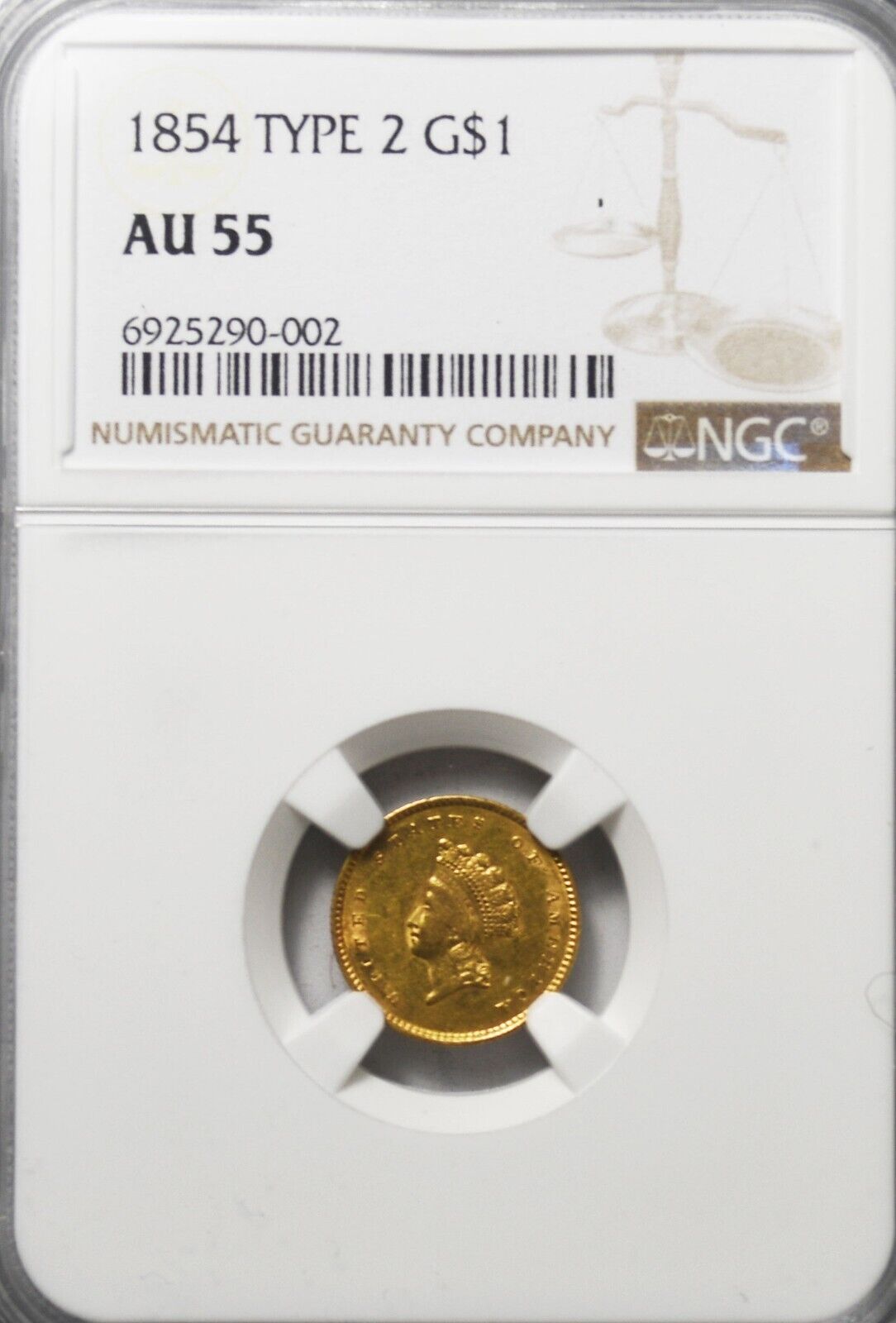 1854 $1 Indian Princess One Dollar Gold Type 2 Philadelphia AU55 NGC