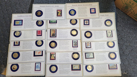 17pc. Set Of Kennedy & Franklin Half Dollar Coin & Stamp Carded Collection