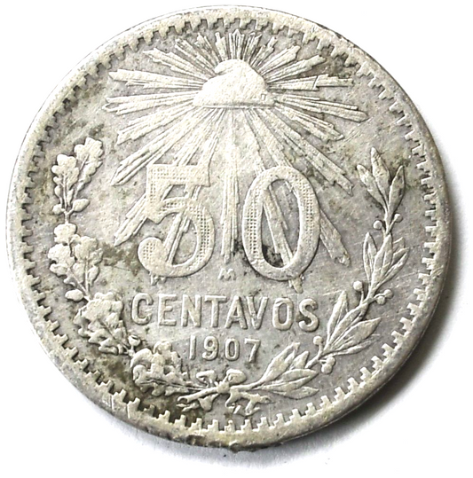 1907 Mexico Estados Unidos Mexicanos Fifty 50 Centavos Silver Coin KM# 445