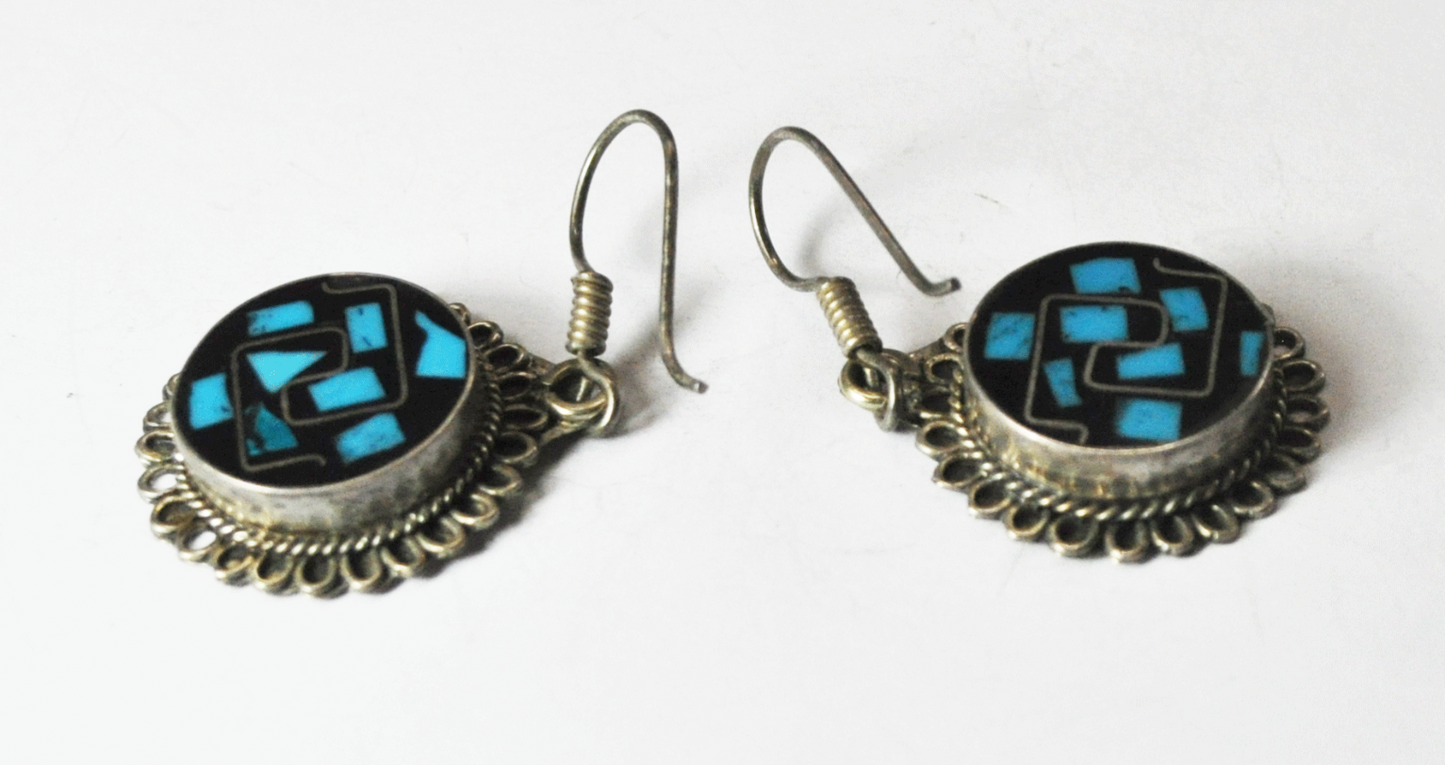 Sterling Silver TL-74 Turquoise Onyx Swirl Inlay Round Earrings 46mm x 24mm