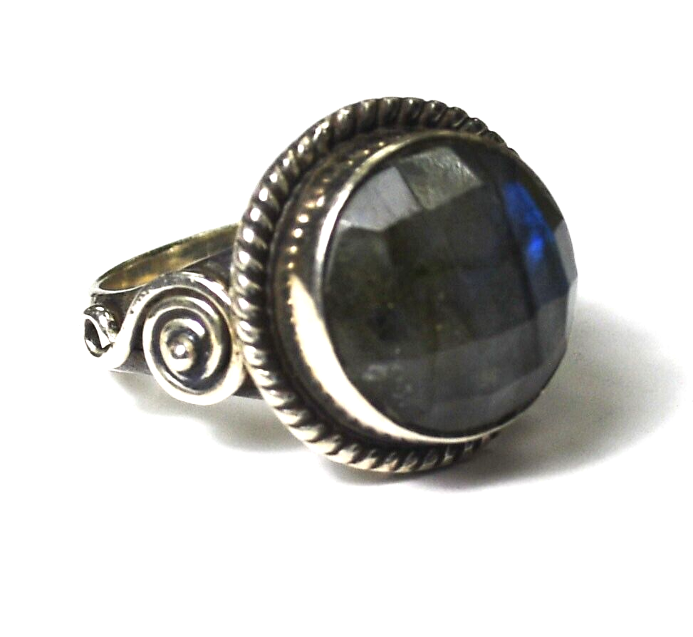 Sterling Silver Faceted Labradorite Spiral Split Band Ring 17mm Size 7