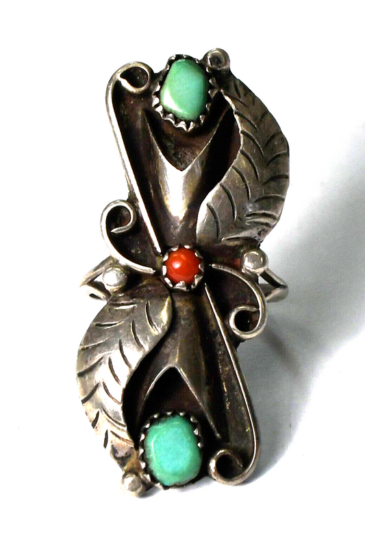 Sterling Silver Coral Turquoise Floral Elongated Ring 42mm Size 8