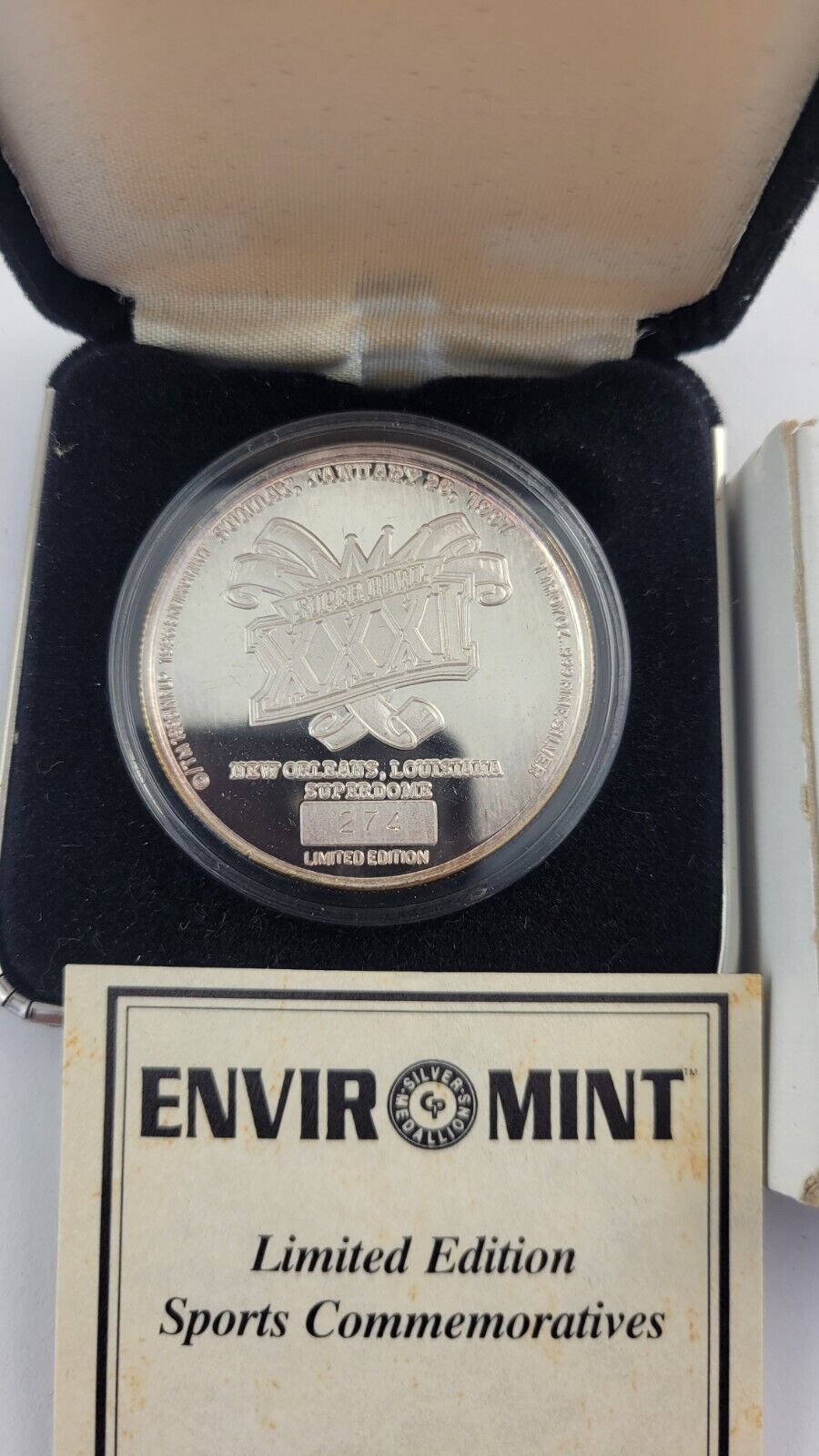 Superbowl XXXI Commemorative Coin .999 Fine Silver Packers Patriots Enviromint