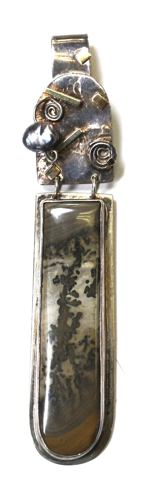 Sterling Signed Modern Ocean Jasper Pearl Pendant 3-5/8" x 17mm