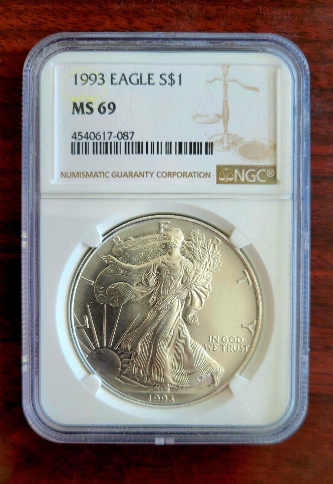 1993 $1 Silver Eagle NGC MS69 Dollar Brown Label Holder .999 Fine Silver 1oz.