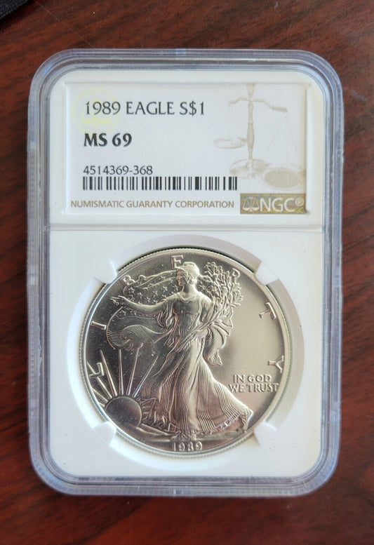 1989 $1 Silver Eagle NGC MS69 Dollar Brown Label Holder .999 Fine Silver 1oz.