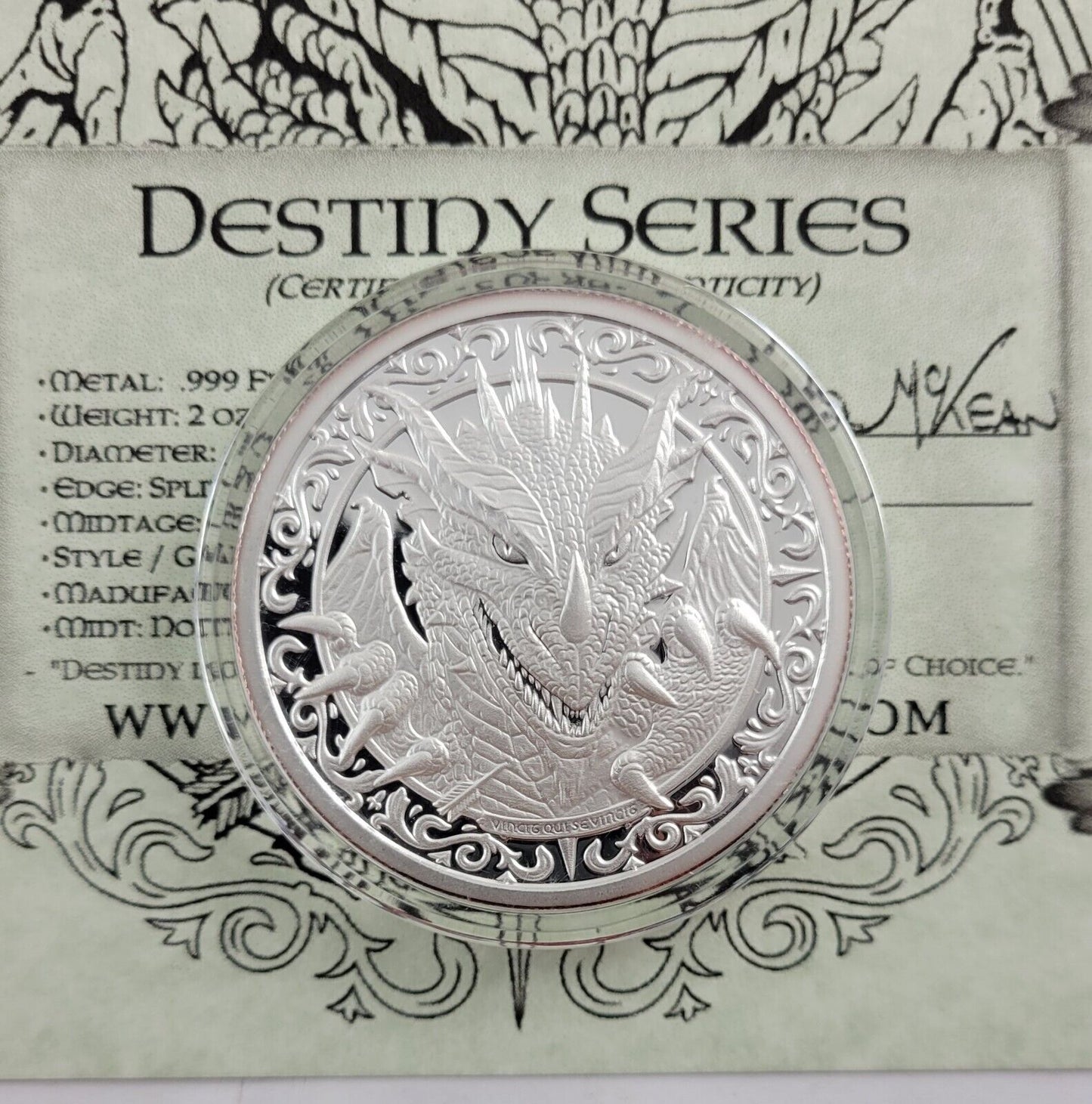 The Dragon 2oz. Destiny Series Proof Round w/COA .999 Fine Silver