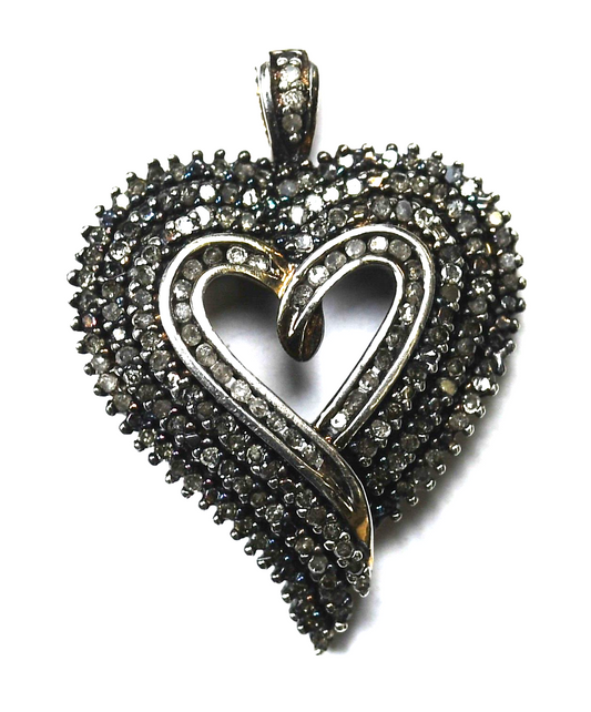 Sterling Silver Heart Pave Diamond 3 Row Pendant 32mm x 24mm