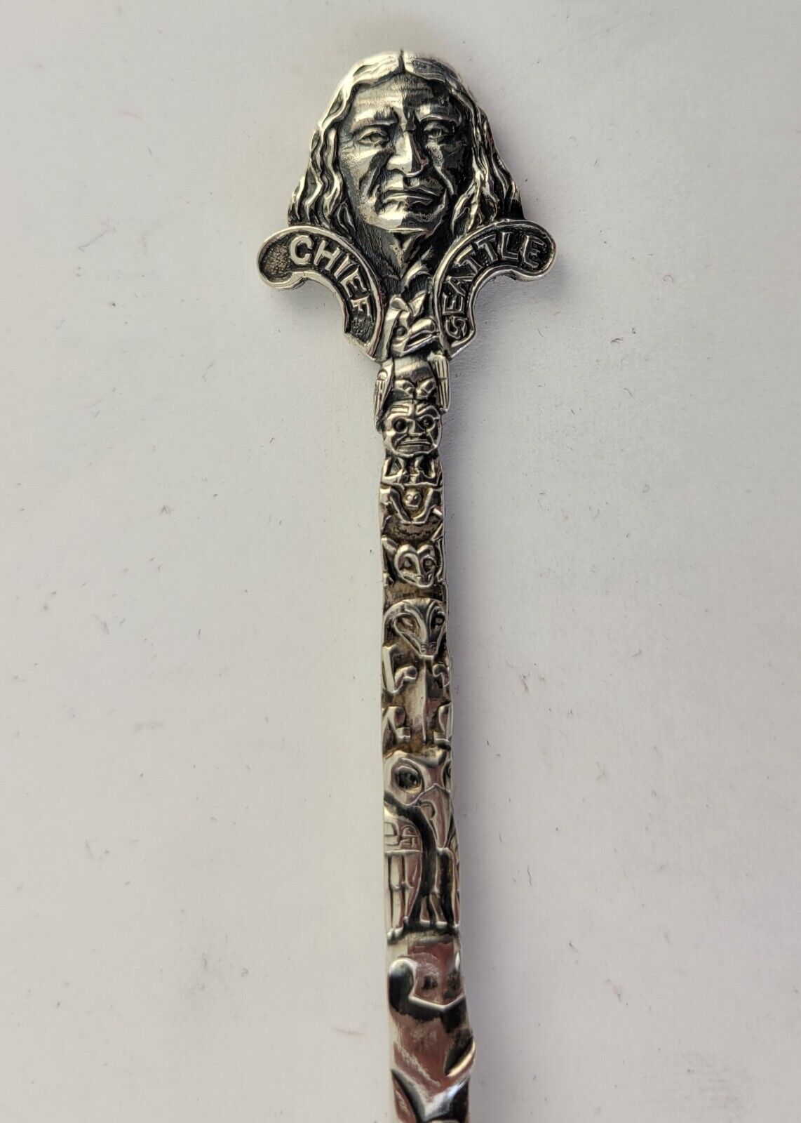 Chief Seattle Sterling Souvenir Spoon 5 1/4" Silver .56oz. Angeline Totem Pole