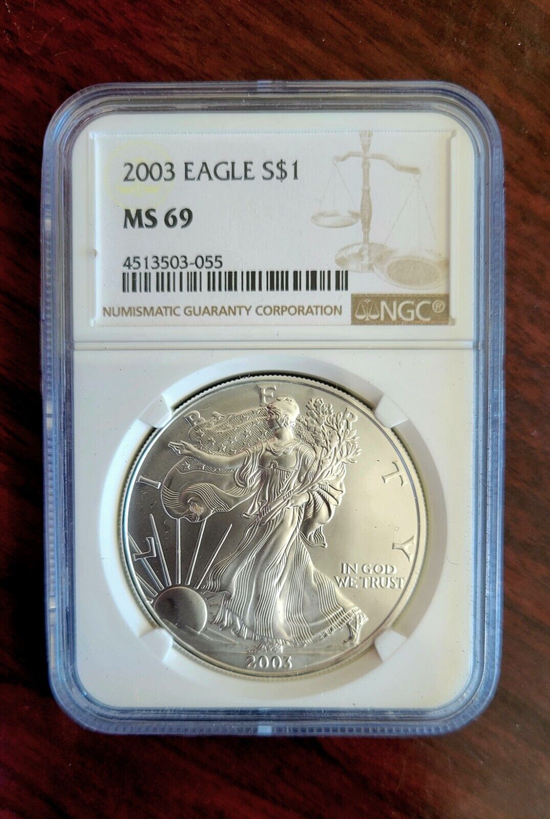 2003 $1 Silver Eagle NGC MS69 Dollar Brown Label Holder .999 Fine Silver 1oz.