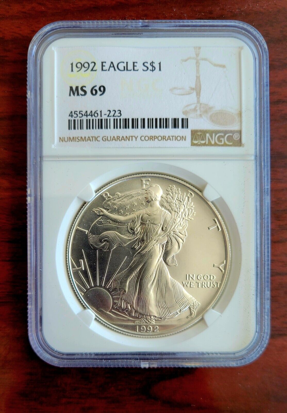 1992 $1 Silver Eagle NGC MS69 Dollar Brown Label Holder .999 Fine Silver 1oz.