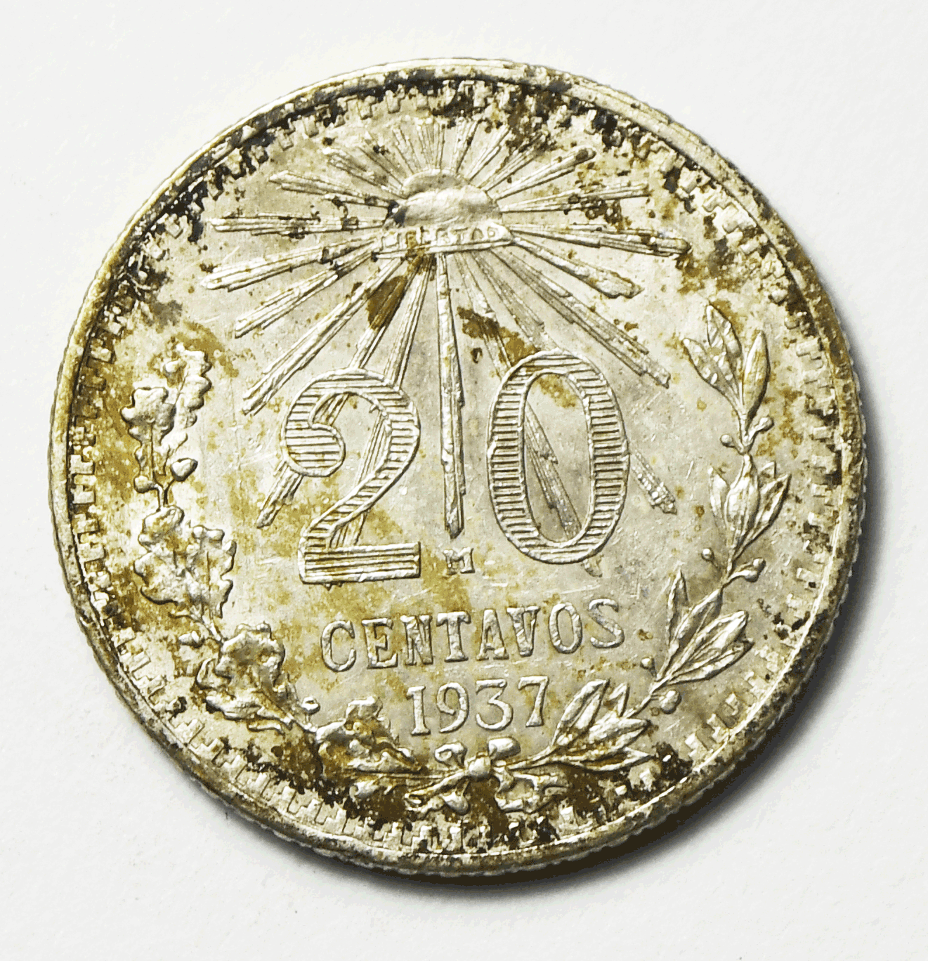 1937 Mexico Estados Unidos Mexicanos 20 Centavo Silver Coin KM# 438