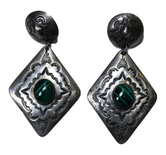 Sterling Silver Arthur Platero Malachite Concho Earrings 67mm x 35mm