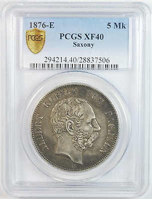 1876 E German States Silver 5M Five Mark Coin PCGS XF40 Saxony Germany KM# 1237