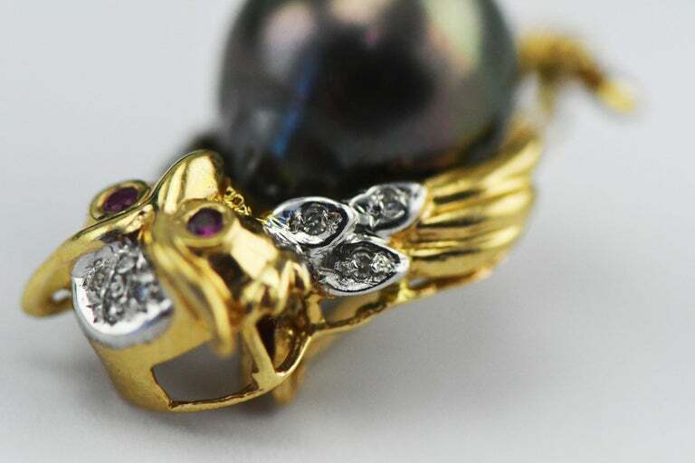 14kt Yellow Gold Ruby Eyed Owl Pin with Tahitian South Sea Pearl & Diamonds