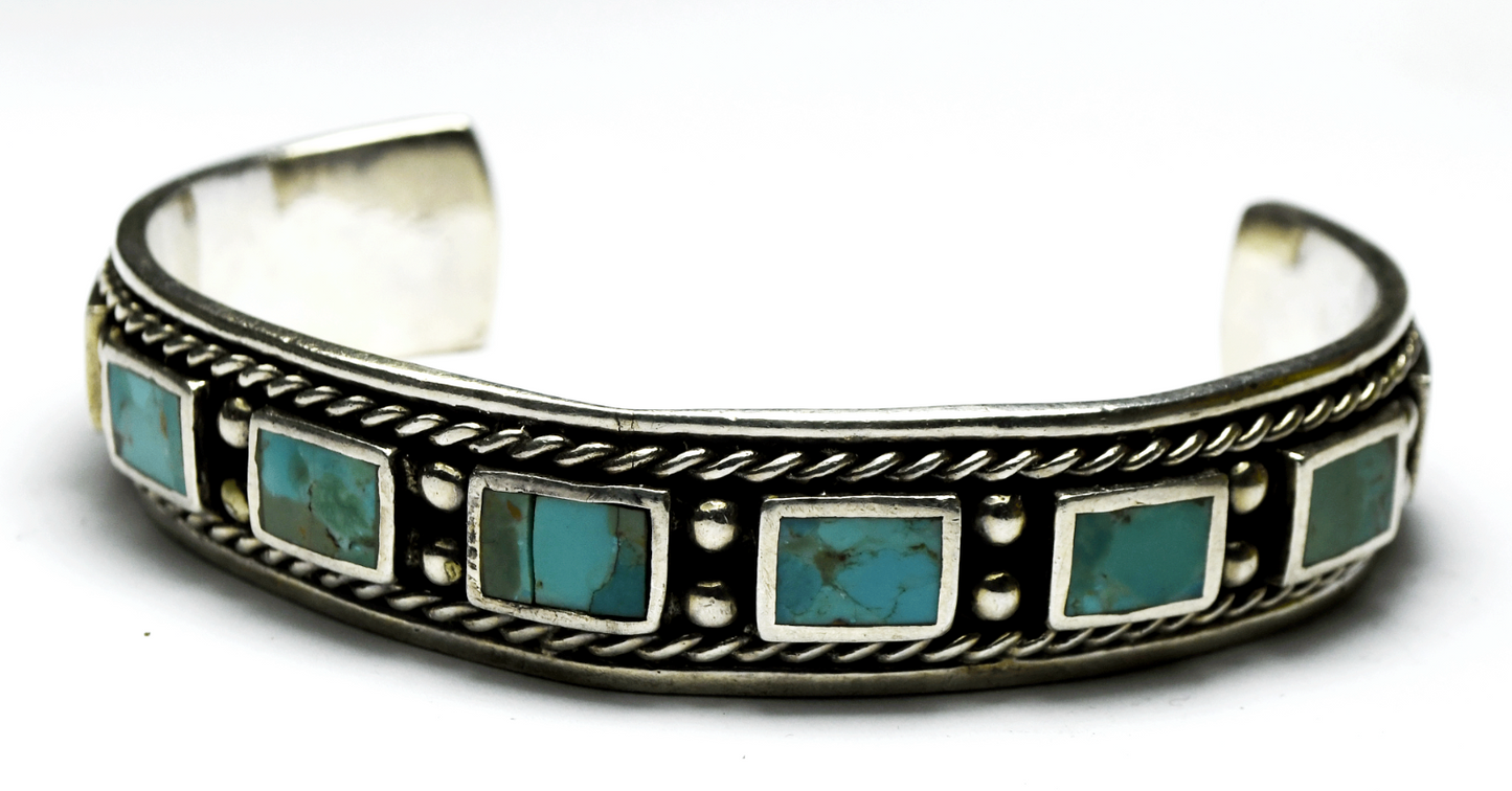 Sterling 11 Turquoise Rectangle Large Cuff Bracelet 16mm 8" Wrist  62g