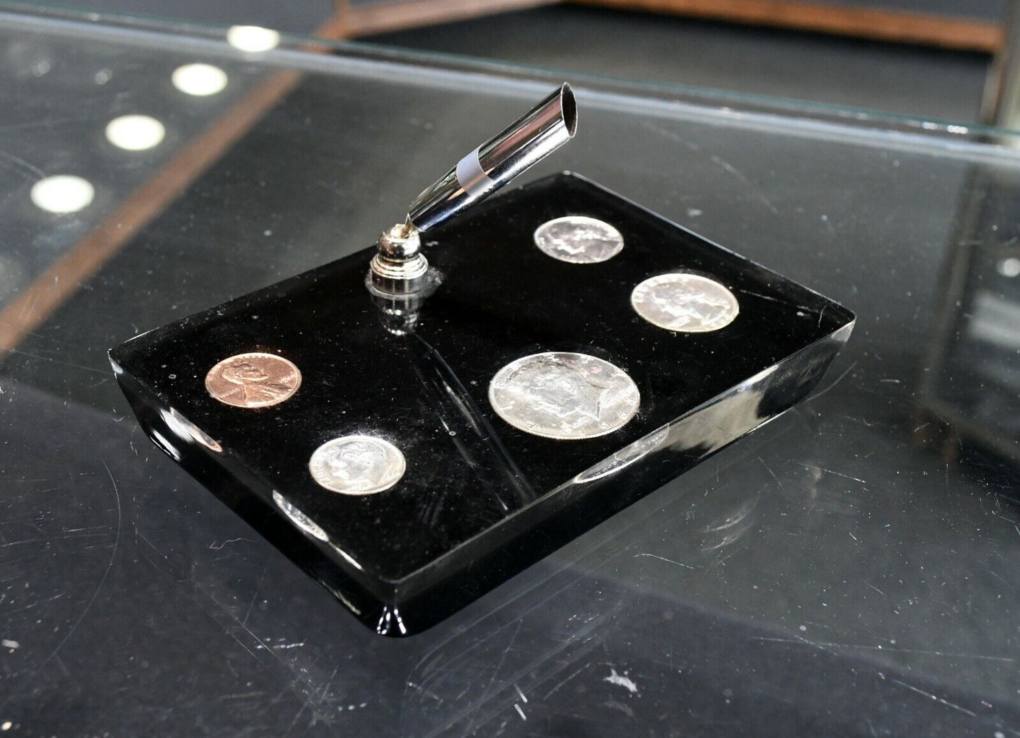 1960's Destktop Pen Holder in Acrylic Silver US 90% Coins