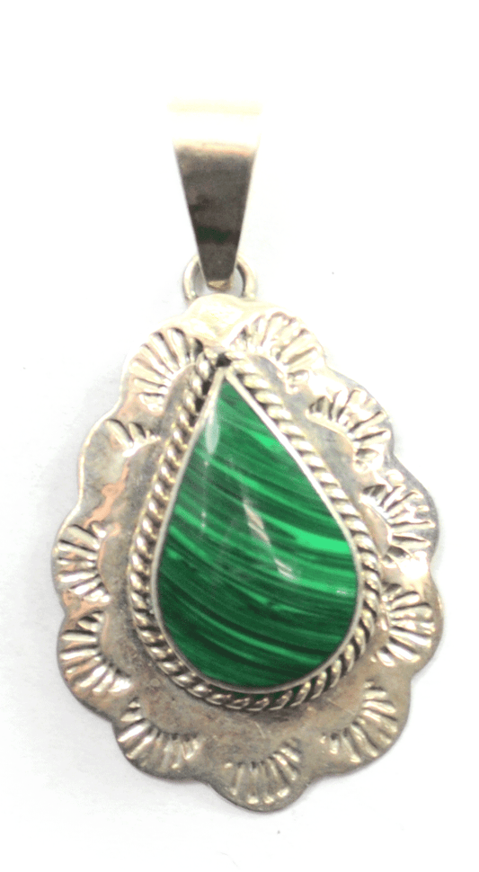 Sterling Mexico Green Malachite Teardrop Etched Rays Halo Pendant 2" x 29mm