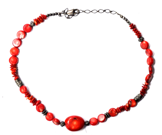 Sterling Red Coral Chunk 19mm Bead Necklace 20"