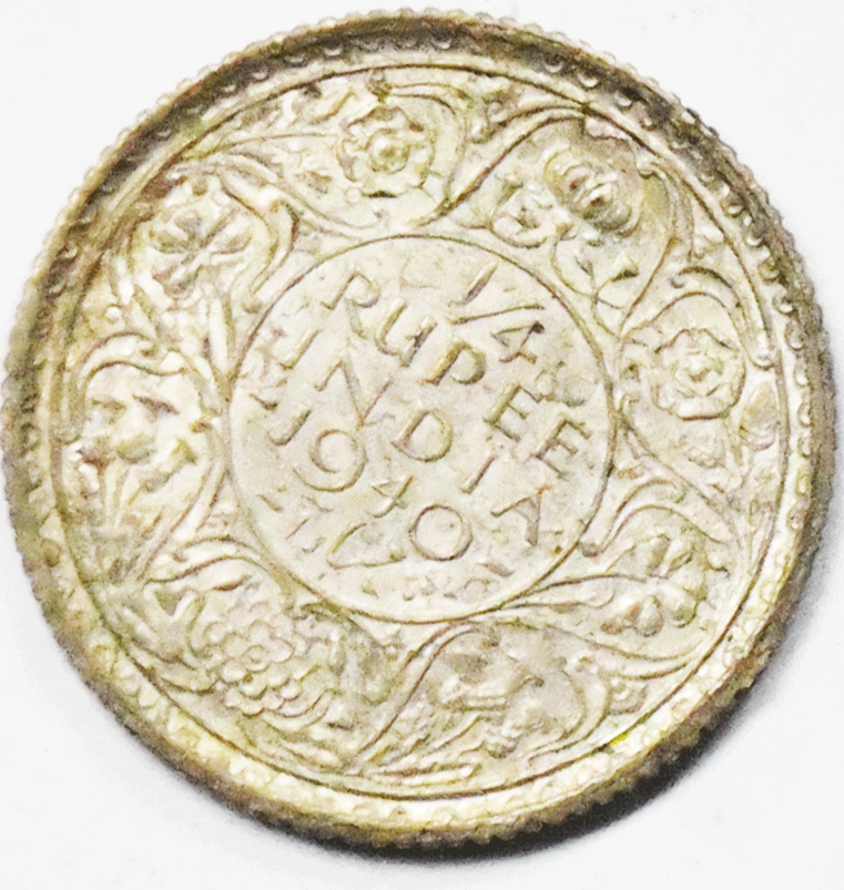 1940 India-British One Quarter 1/4 Rupee Silver Coin