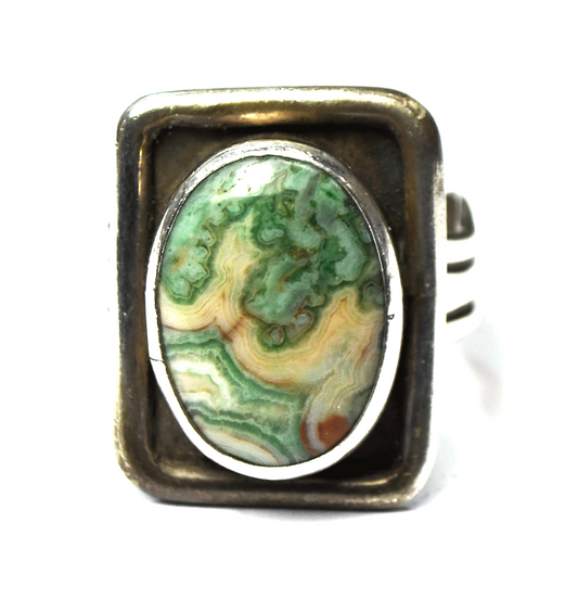 Sterling Rectangle Rainforest Jasper Ring 24mm Wave Triple Band Size 9