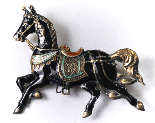 Sterling Siam Black Enamel Horse Brooch Pin 2" x 1-1/2"