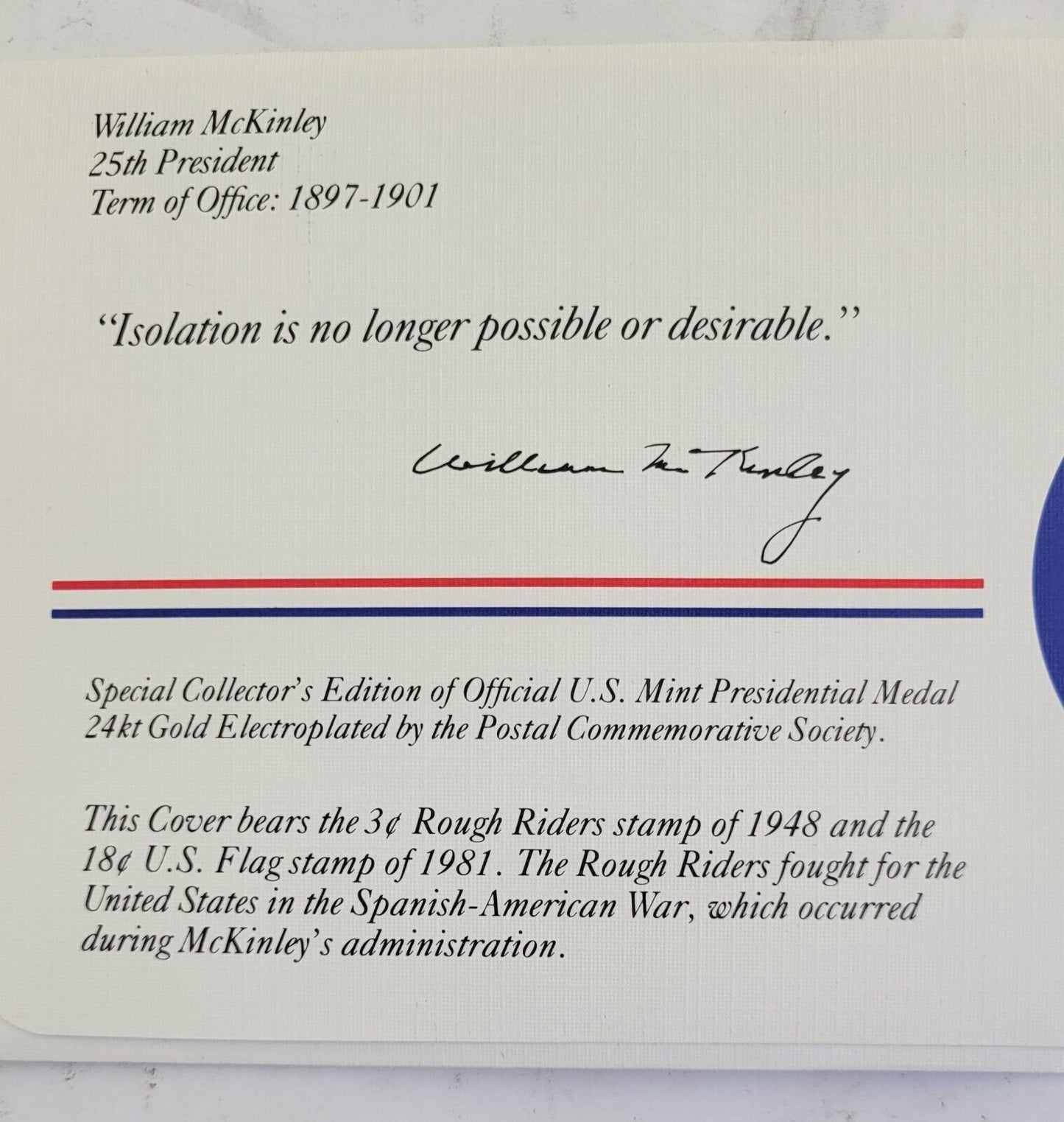 W McKinley Presidential Covers Medal Postal Commemorative Society Gold Plated