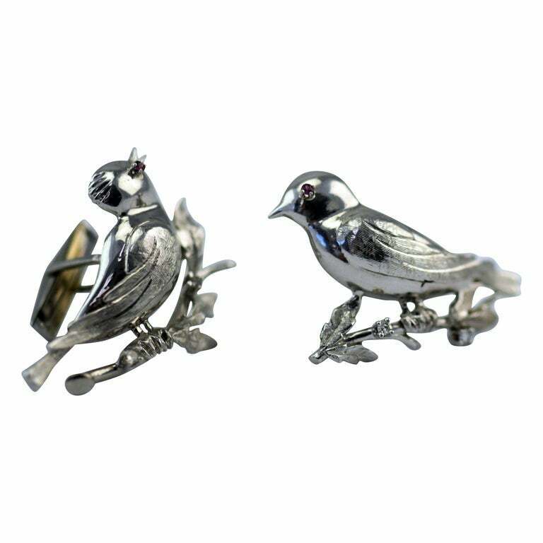 Vintage 4 Diamond 14 Karat White Gold Birds with Ruby Eyes Mens Cufflinks Large