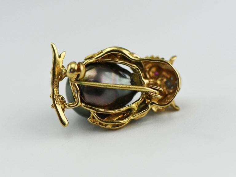 14kt Yellow Gold Ruby Eyed Owl Pin with Tahitian South Sea Pearl & Diamonds