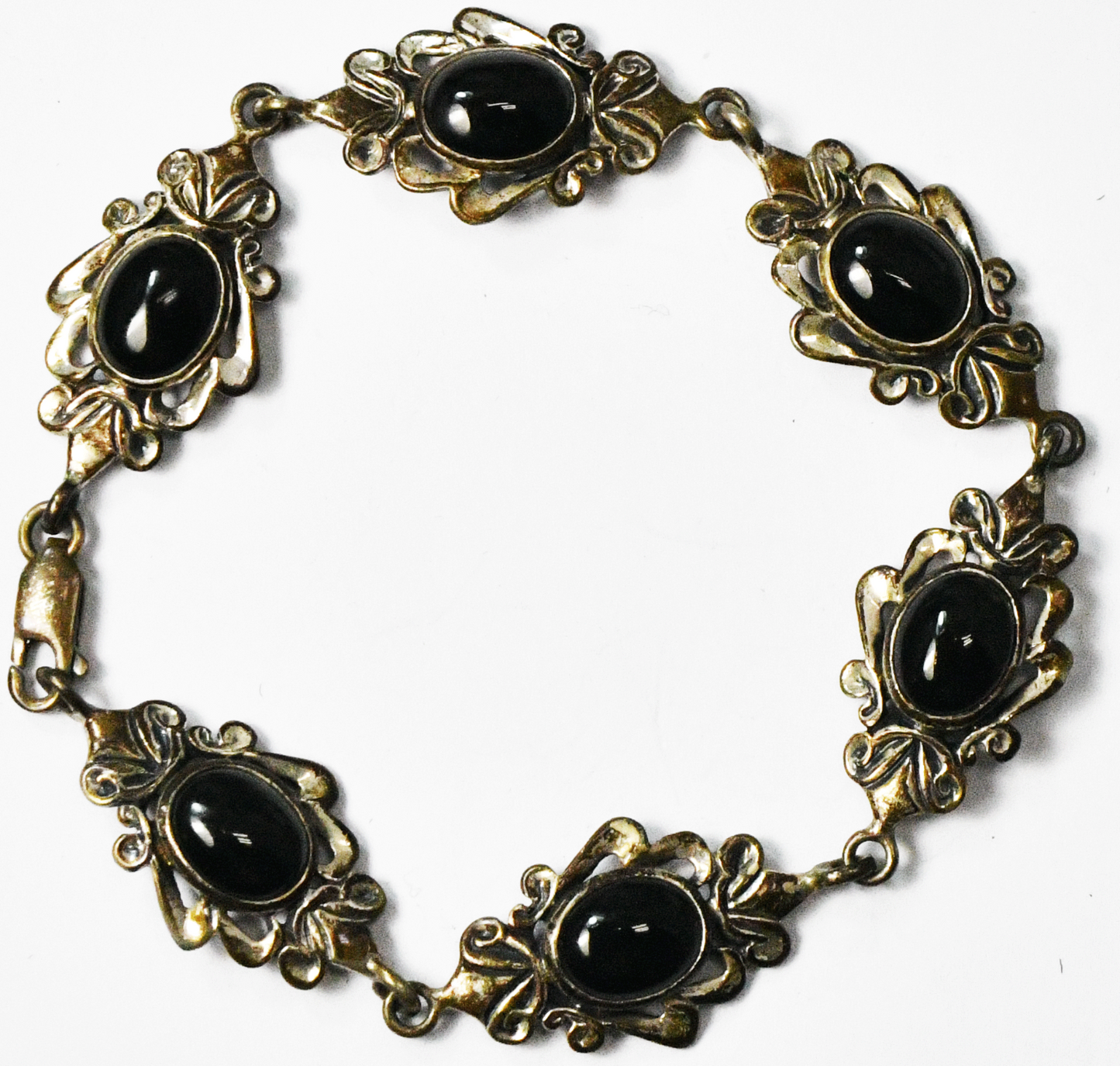 Sterling Silver (M) Oval Black Onyx Scroll Filigree Bracelet 15mm 7-1/4"