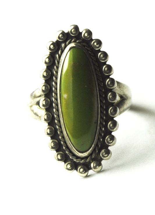 Sterling Silver Antique Bell Trading Green Turquoise Dot Halo Ring 26mm Size 5.5