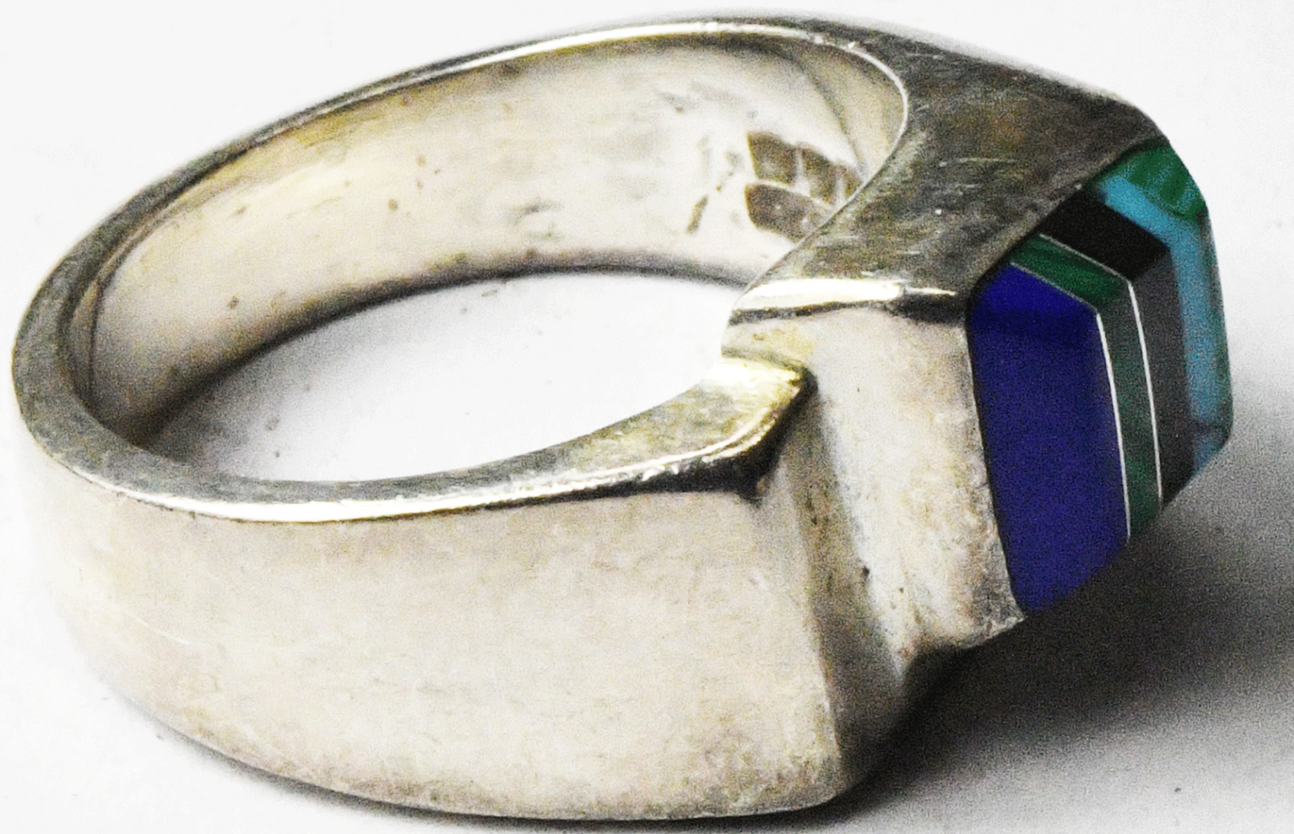 Sterling Silver Coral Turquoise Malachite Lapis Inlay Ring 11mm Size 8.5