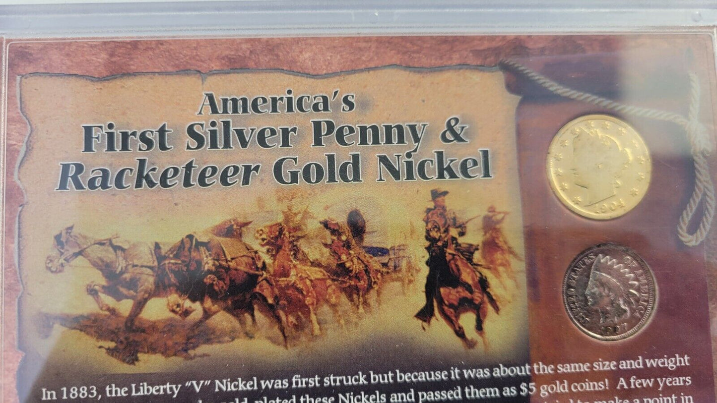 Americas First Silver Penny & Racketeer Gold Nickel From The Morgan Mint Set