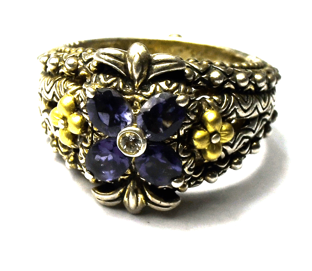 Sterling Silver Barbara Bixby Iolite 2-Tone Flower Ornate Ring 18mm Size 10