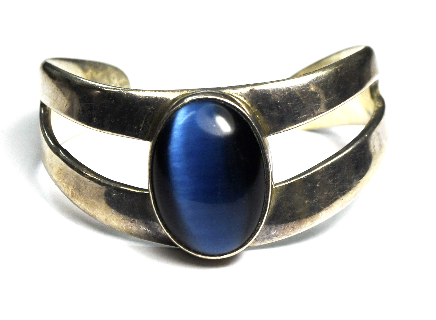 Sterling Large Oval Blue Synthetic Tigers Eye Cuff Bracelet 25mm 6.5" Wrist 48g