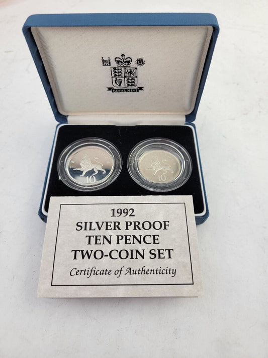 1992 Silver Proof Ten Pence Two Coin Set, Great Britain Royal Mint Boxed w/Cert