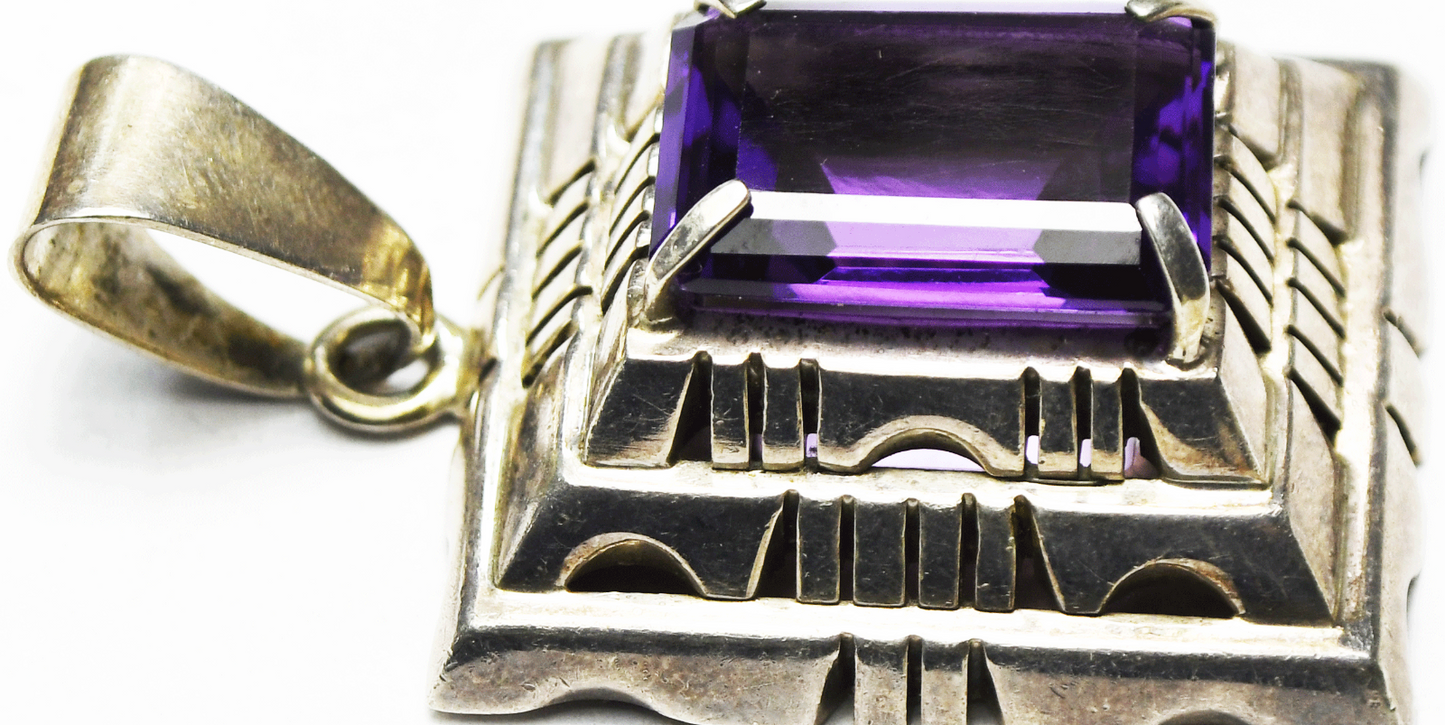 Sterling Purple Amethyst Rectangle Stepped Pyramid Pendant 29mm x 47mm  34.2g