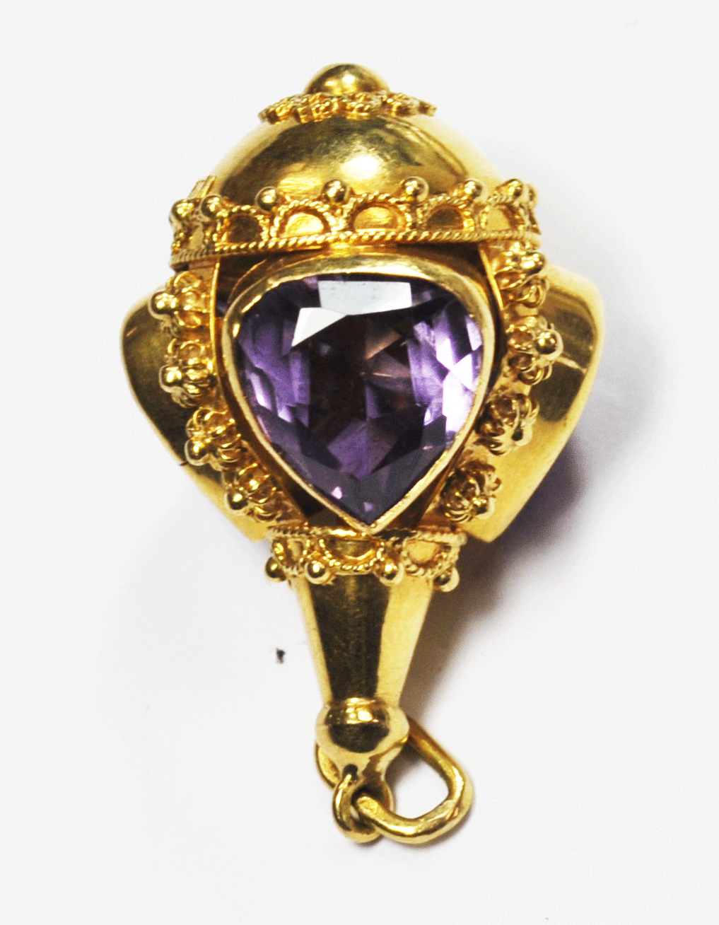 18k YG Gold Pear Amethyst Fob Pendant Ornate Victorian 15g 40mm x 25mm