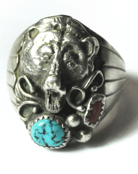 Antique Sterling Silver Running Bear Bear Turquoise Coral Ring 28mm Size 12