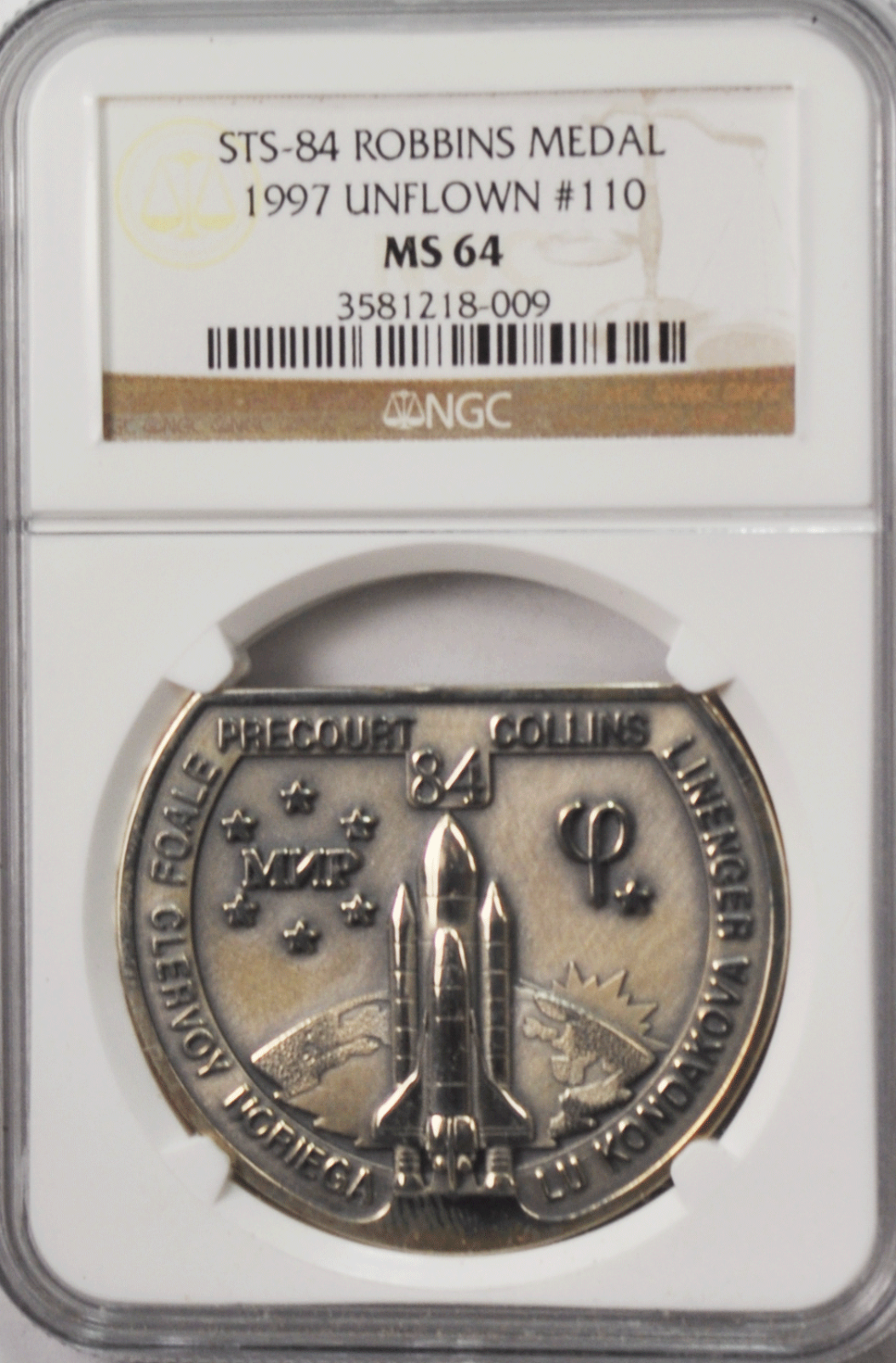 1997 STS-84 Robbins Silver Space Medal Unflown #110 NGC MS64 Discovery