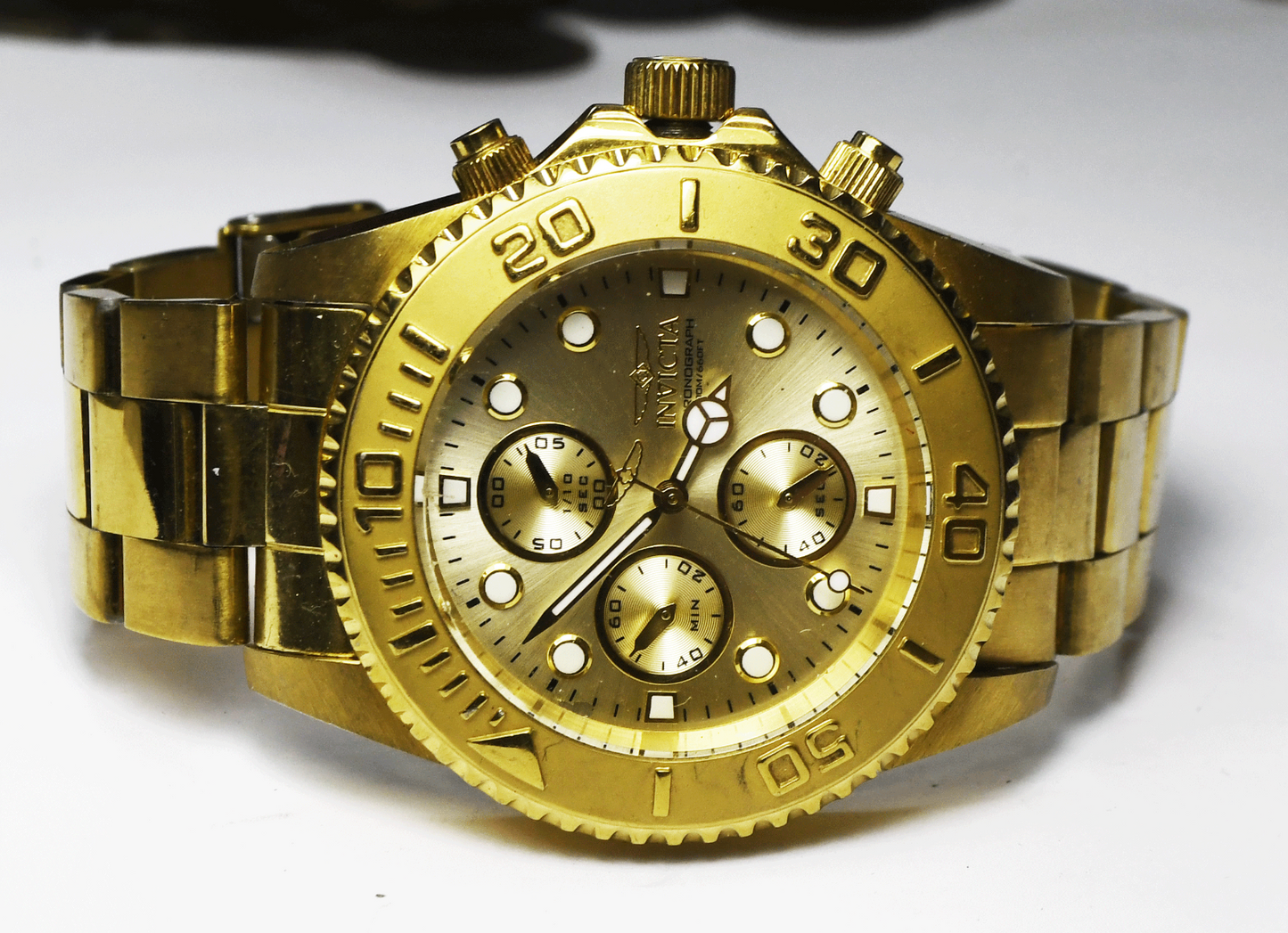 Invicta Pro Diver 1774 Gold Tone Stainless Split Second Chrongraph 45mm Watch