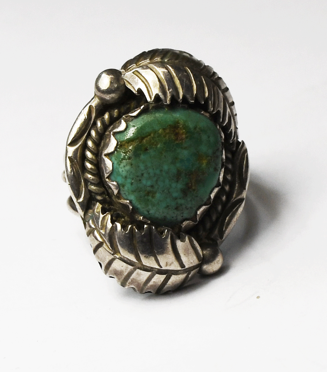 Sterling Antique Turquoise Floral Shadow Box Split 2 Wire Ring 27mm Size 7