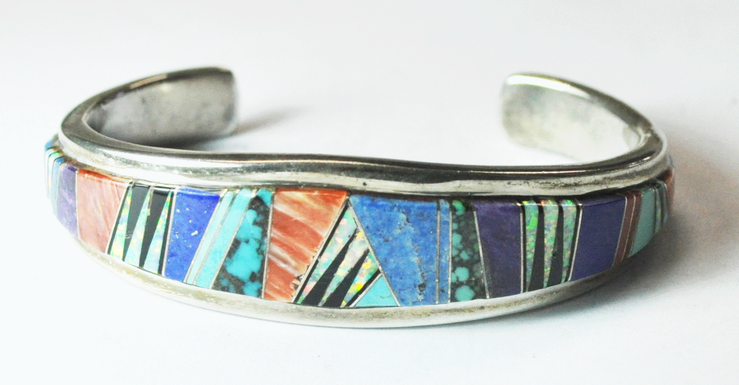 Sterling Silver YL Tiger Stripe Inlay Cuff Bracelet 19mm 7" Wrist Spiny Oyster