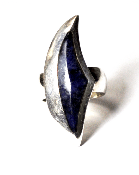 Sterling Silver Dumortierite Crescent Abstract Elongated Ring 37mm Size 7