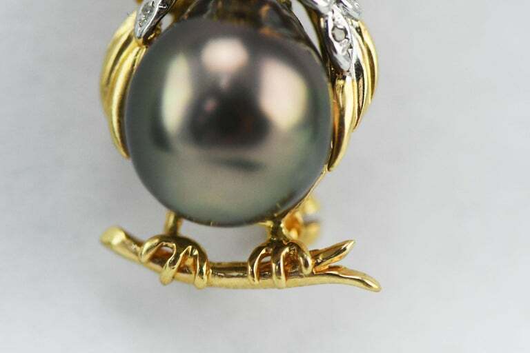 14kt Yellow Gold Ruby Eyed Owl Pin with Tahitian South Sea Pearl & Diamonds