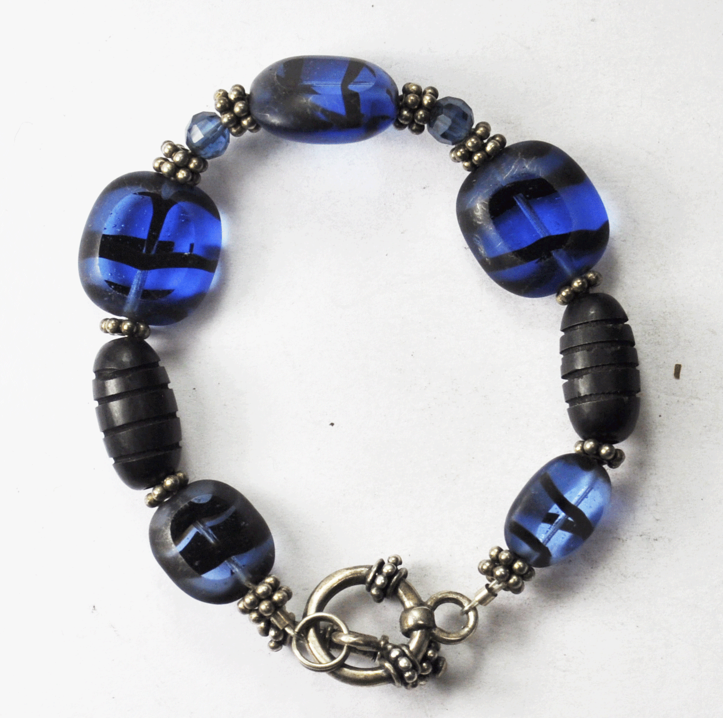 Sterling Blue Morano Stripe Bead Toggle Clasp Bracelet 7.25" 16mm